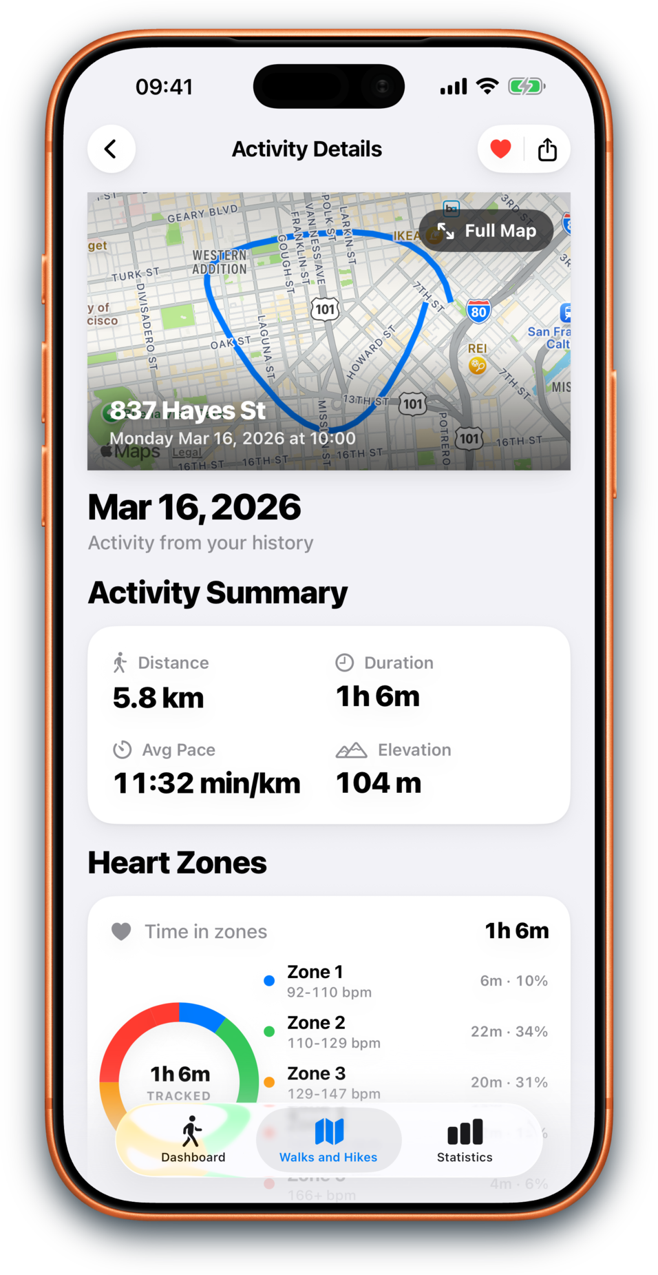 Walkingo redesigned Activity Detail showing workout source and inline media previews