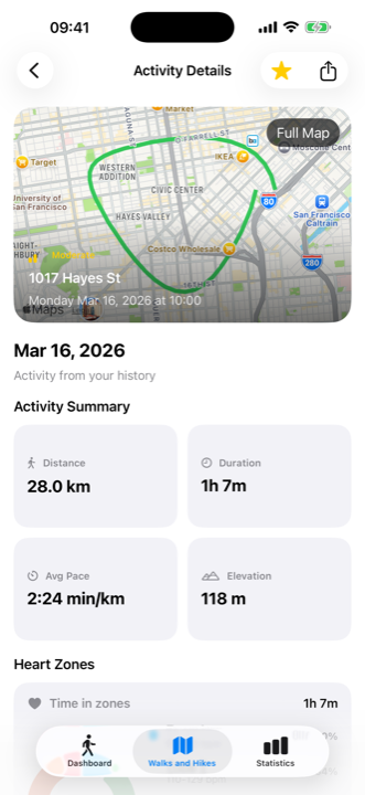 Walkingo activity detail showing a mapped route with pace, duration, distance, and elevation