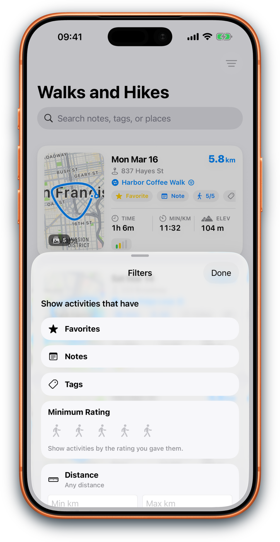 Walkingo Walks and Hikes filters for familiar places, distance, time, and date